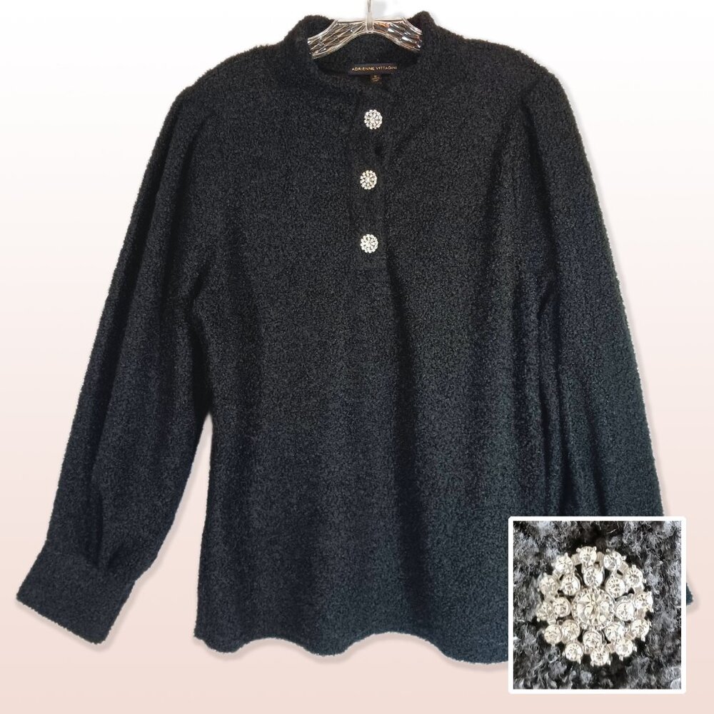 Adrienne Vittadini Black Peasant Sleeve Sweater Rhinestone Buttons NWT Size XL